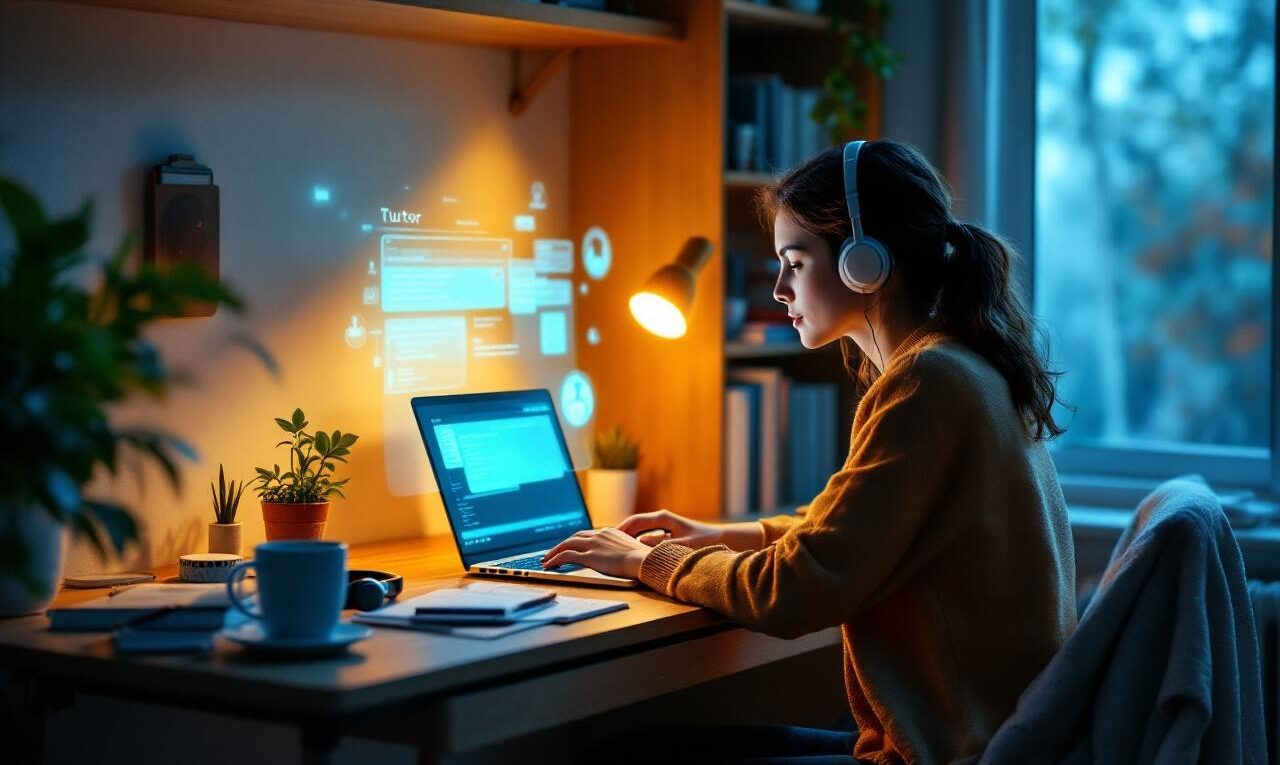 un-etudiant-travaille-sur-un-ordinateur-portable-avec-un-tuteur-virtuel-translucide-projete-a-lecran-assis-dans-un-coin-detude-cosy-avec-etagere-plante-et-cahiers-eparpilles-lumiere-douce-du