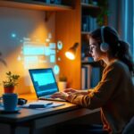 un-etudiant-travaille-sur-un-ordinateur-portable-avec-un-tuteur-virtuel-translucide-projete-a-lecran-assis-dans-un-coin-detude-cosy-avec-etagere-plante-et-cahiers-eparpilles-lumiere-douce-du