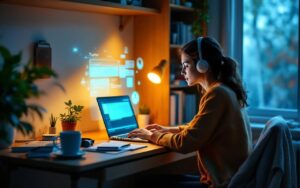 un-etudiant-travaille-sur-un-ordinateur-portable-avec-un-tuteur-virtuel-translucide-projete-a-lecran-assis-dans-un-coin-detude-cosy-avec-etagere-plante-et-cahiers-eparpilles-lumiere-douce-du