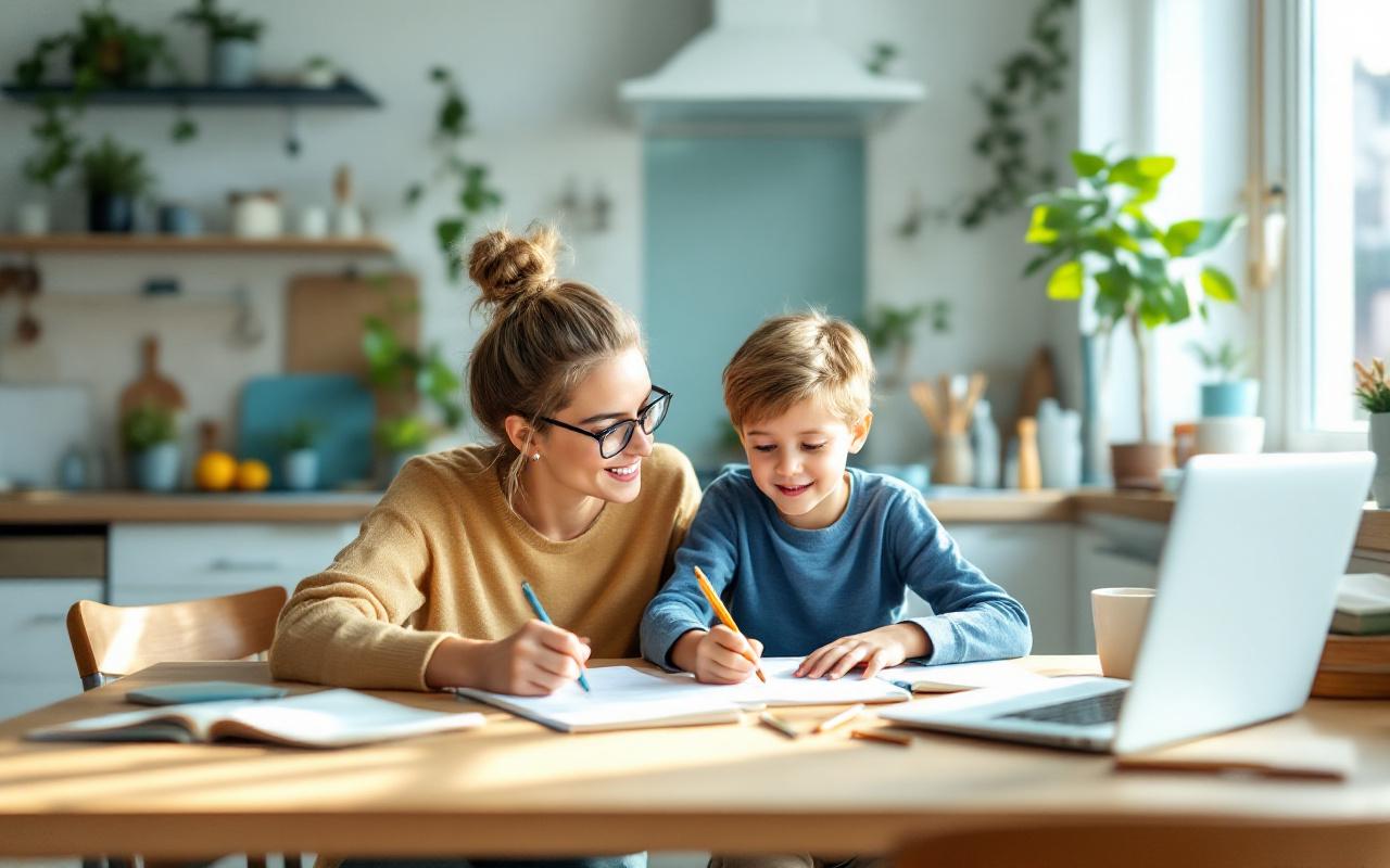 Un tuteur assis &agrave; c&ocirc;t&eacute; d'un enfant &agrave; la table de la cuisine, aidant avec des devoirs sur un cahier ouvert, crayon et ordinateur portable sur la table, lumi&egrave;re douce du matin, ambiance chaleureuse et calme, plantes pr&egrave;s de la fen&ecirc;tre.