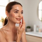 Femme appliquant un sérum au collagène sur son visage dans une salle de bain lumineuse