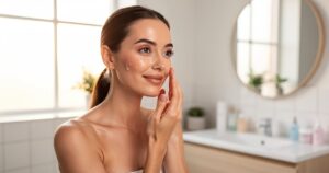 Femme appliquant un sérum au collagène sur son visage dans une salle de bain lumineuse