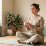 Une femme assise sur un tapis de méditation tient doucement un verre d’eau claire dans une pièce lumineuse aux tons beige et vert sauge.