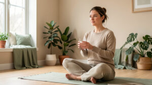 Une femme assise sur un tapis de méditation tient doucement un verre d’eau claire dans une pièce lumineuse aux tons beige et vert sauge.