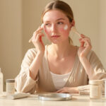 Quel maquillage pour peau sensible avec rougeurs quand il fait chaud ? Une jeune femme à la peau sensible et légèrement sujette aux rougeurs applique délicatement un maquillage léger avec un pinceau, dans une ambiance estivale lumineuse.