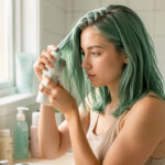 Cheveux rêches et verts après la piscine : la routine douce qui aide Jeune femme aux cheveux légèrement verdâtres et secs appliquant doucement un soin nourrissant dans une salle de bains lumineuse.