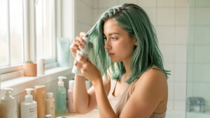 Jeune femme aux cheveux légèrement verdâtres et secs appliquant doucement un soin nourrissant dans une salle de bains lumineuse.