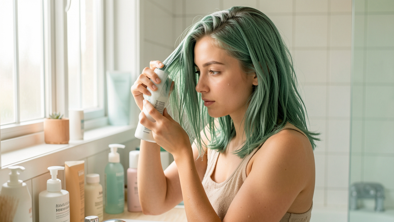 Jeune femme aux cheveux légèrement verdâtres et secs appliquant doucement un soin nourrissant dans une salle de bains lumineuse.