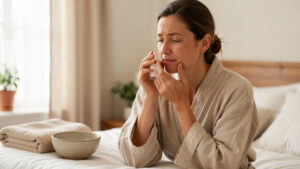 Une femme suit une routine de soins apaisante dans une chambre lumineuse, avec une peau légèrement fatiguée et une atmosphère sereine.