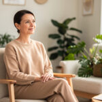 Comment l’EMDR agit-elle sur le manque d’estime de soi ? Portrait doux d’une femme adulte assise dans un cabinet lumineux, avec une expression apaisée et une ambiance chaleureuse de thérapie.