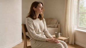 Femme adulte en tenue confortable assise près d’une fenêtre lumineuse dans une ambiance douce et apaisante.
