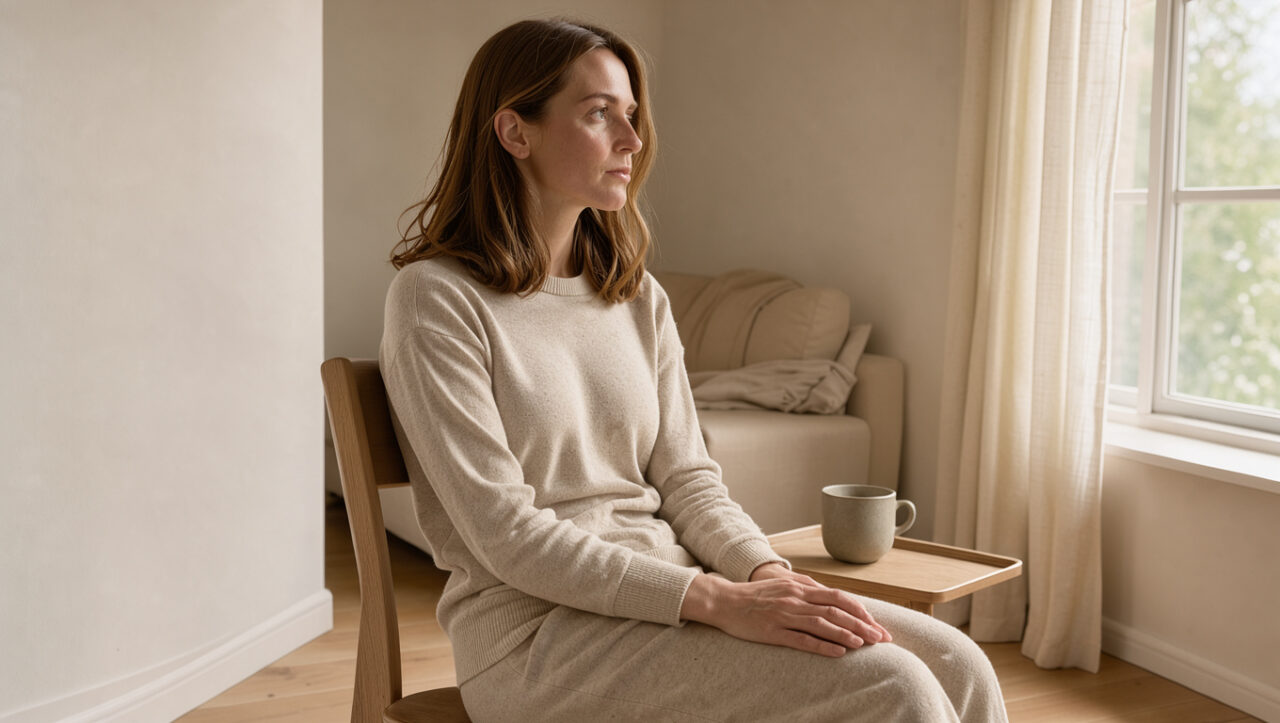 Femme adulte en tenue confortable assise près d’une fenêtre lumineuse dans une ambiance douce et apaisante.
