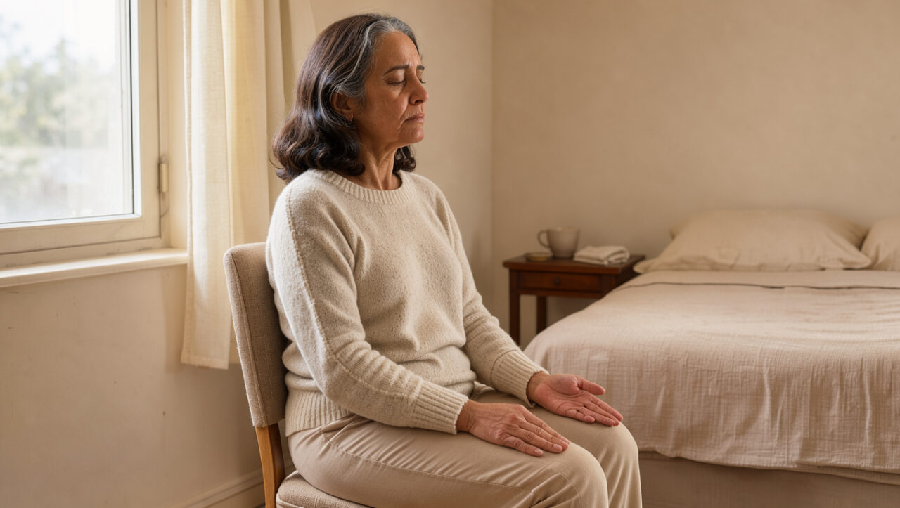 Femme d'une cinquantaine d'années assise près d'une fenêtre, les mains posées sur les genoux, pratiquant une respiration calme dans une chambre lumineuse aux tons doux.