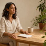 7 approches pour retrouver confiance en soi au quotidien Femme sereine assise dans une pièce lumineuse, avec un carnet vierge, une tasse en céramique et des plantes vertes.
