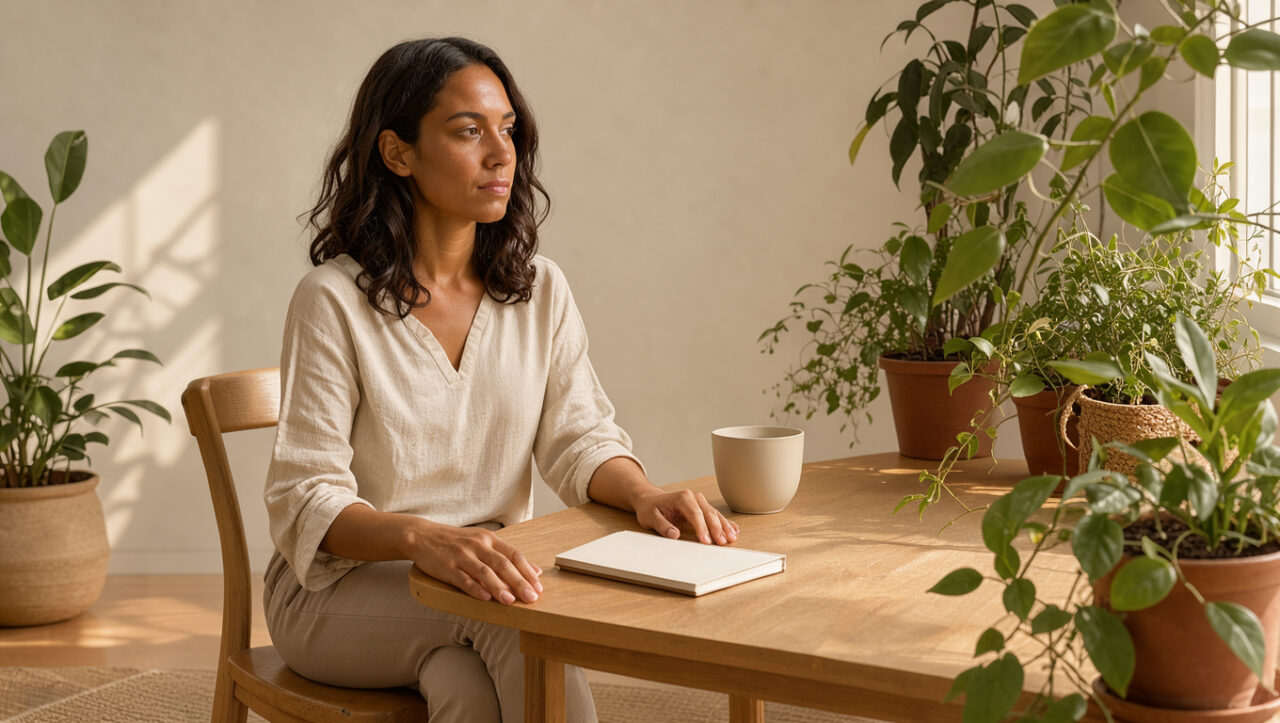 Femme sereine assise dans une pièce lumineuse, avec un carnet vierge, une tasse en céramique et des plantes vertes.