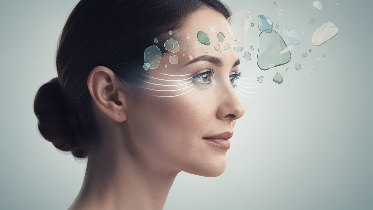 Illustration sobre d’une femme de profil avec des lignes discrètes autour des yeux, évoquant des mouvements oculaires bilatéraux, tandis que des fragments abstraits de souvenirs s’apaisent autour de sa tête.